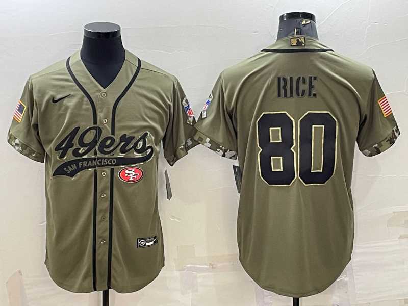 Men%27s San Francisco 49ers #80 Jerry Rice 2022 Olive Salute to Service Cool Base Stitched Baseball Jersey
